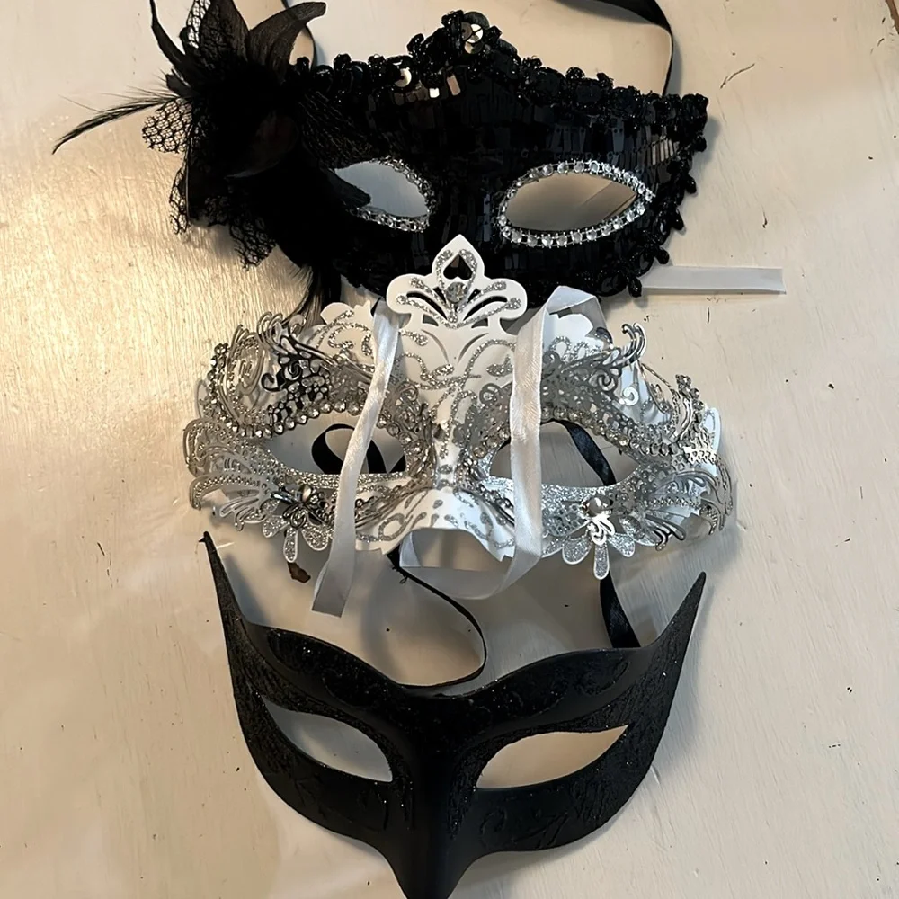 Black sequins, glitter & White/Silver Masquerade Masks with Strings